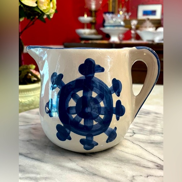 Louisville Stoneware Pottery Other - Louisville Stoneware Pottery Pitcher Blue At the Helm Steering Wheel Nautical
